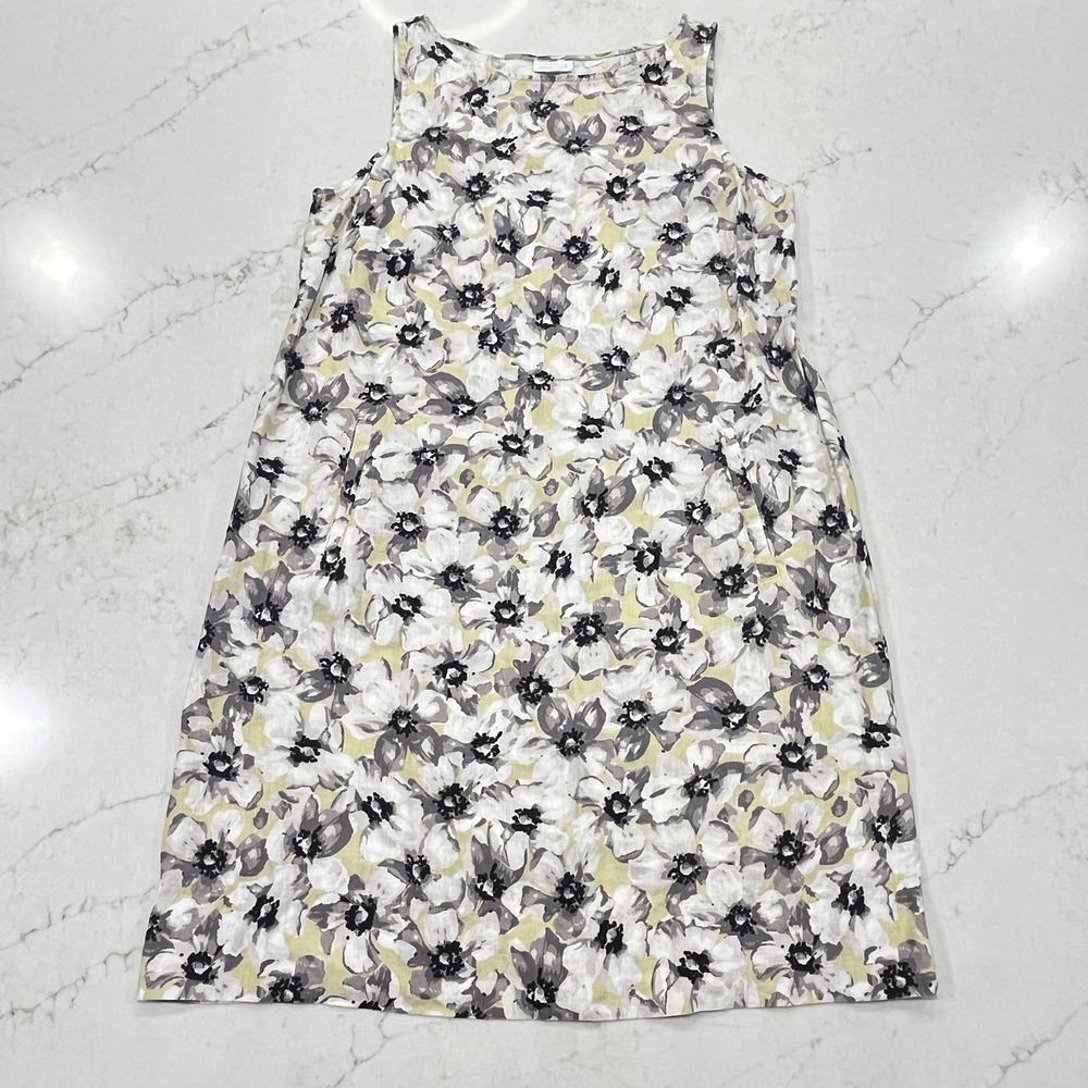 J Jill‎ Love LInen Sleeveless Shift Dress Womens M Yellow Gray Floral Pockets
